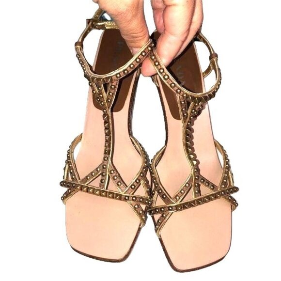 Prada Sandals Womens Size 8.5 Gold Studded Square Toe Brown Buckle Stiletto - Picture 1 of 9